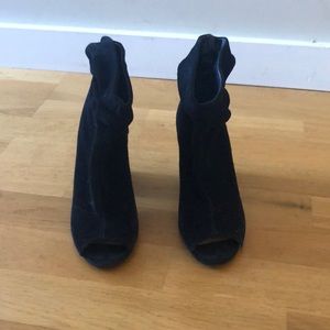 Chinese Landry, size 7 black suede peep toe pumps with block heel.